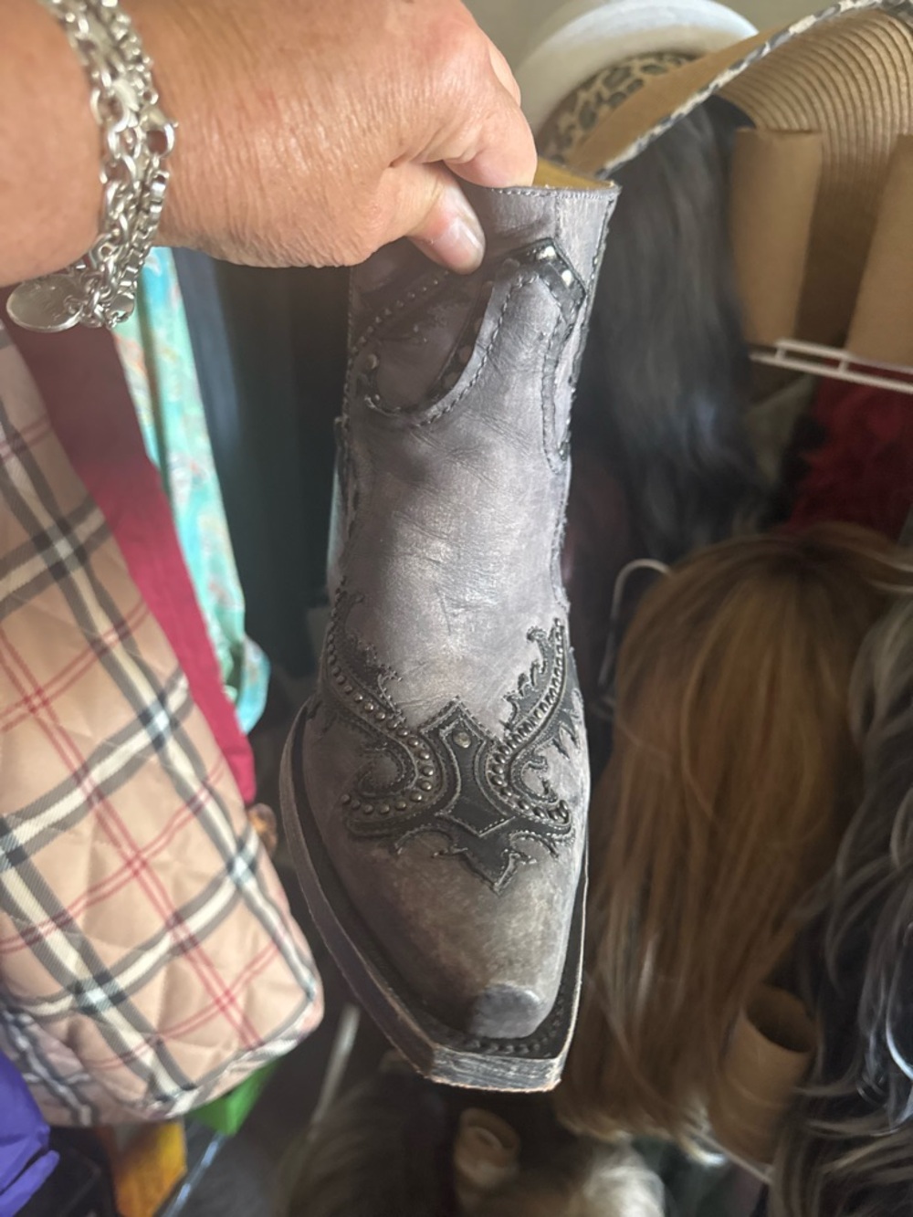 Corral Grey Distressed Leather Studded Western Ankle Boots - Picture 3 of 5